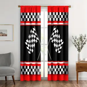 Decorative Art Decor Racing Plaid Flag Curtains - 2 Pieces Rod Pocket Curtains, Suitable for Living Room and Bedroom, Semi-Transparent Polyester Decorative Panel, Machine Washable, All-Season Universal - Black and Red Plaid Racing Flag Design