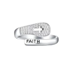Faith Cross Ring for Women Men, Minimalist Christian Inspired Adjustable Open Ring with Cross Symbol & Faith Letter Design, Inspirational Everyday Fashion Ring, Religious Gift Jewelry for Her Him, Meaningful Birthday Christmas Gift