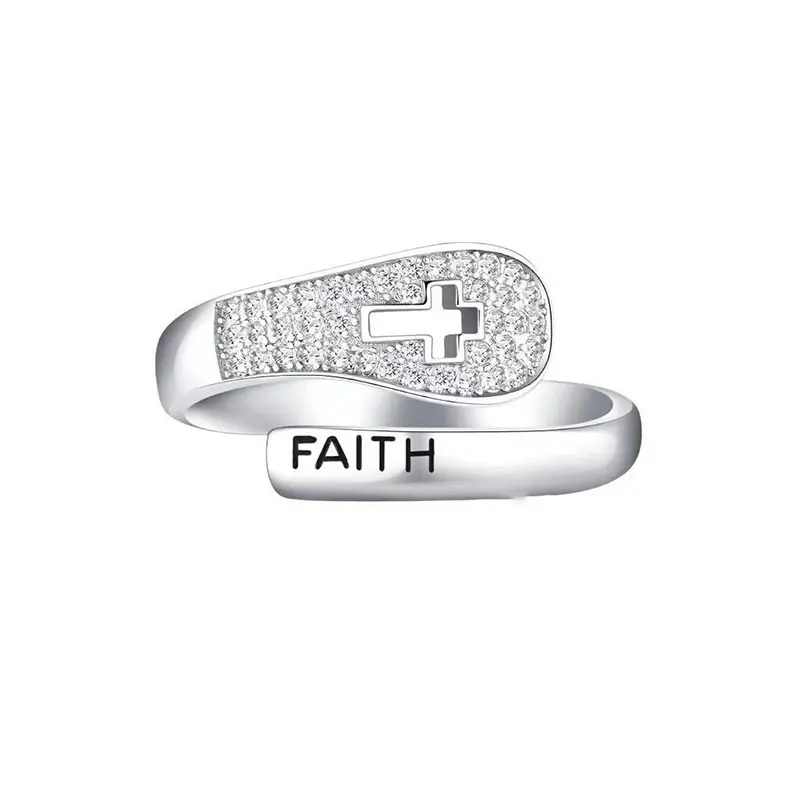 Faith Cross Ring for Women Men, Minimalist Christian Inspired Adjustable Open Ring with Cross Symbol & Faith Letter Design, Inspirational Everyday Fashion Ring, Religious Gift Jewelry for Her Him, Meaningful Birthday Christmas Gift