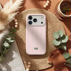 Personalized Stripe iPhone Case Custom Initials iPhone 17 Phone Case Monogrammed Cute Trendy Aesthetic Cover for iPhone 17 16 15 14 Pink White Striped Design
