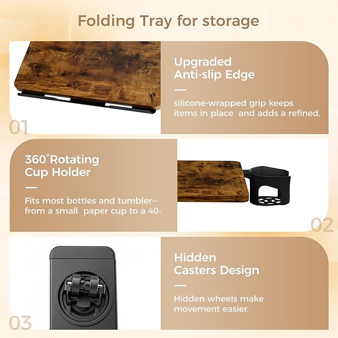 YUHFERA Rolling Table for Laptop Stand, Height and Angle Adjustable Over Bed Table with Wheels, Tilt-Top Laptop Desk for Couch with Cup Holder, Bed Table Tray for Eating