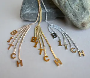 Pair of Unique "Bitch" Chain Threader Earrings Free Falling 316L Stainless Steel Stud Earrings- 20g