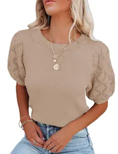 YESFASHION Women's Round Neck Puff Sleeve Knit Top, Hollow Out Diamond Eyelet Short Sleeve Summer Sweater Blouse (55% Acrylic 45% Rayon)