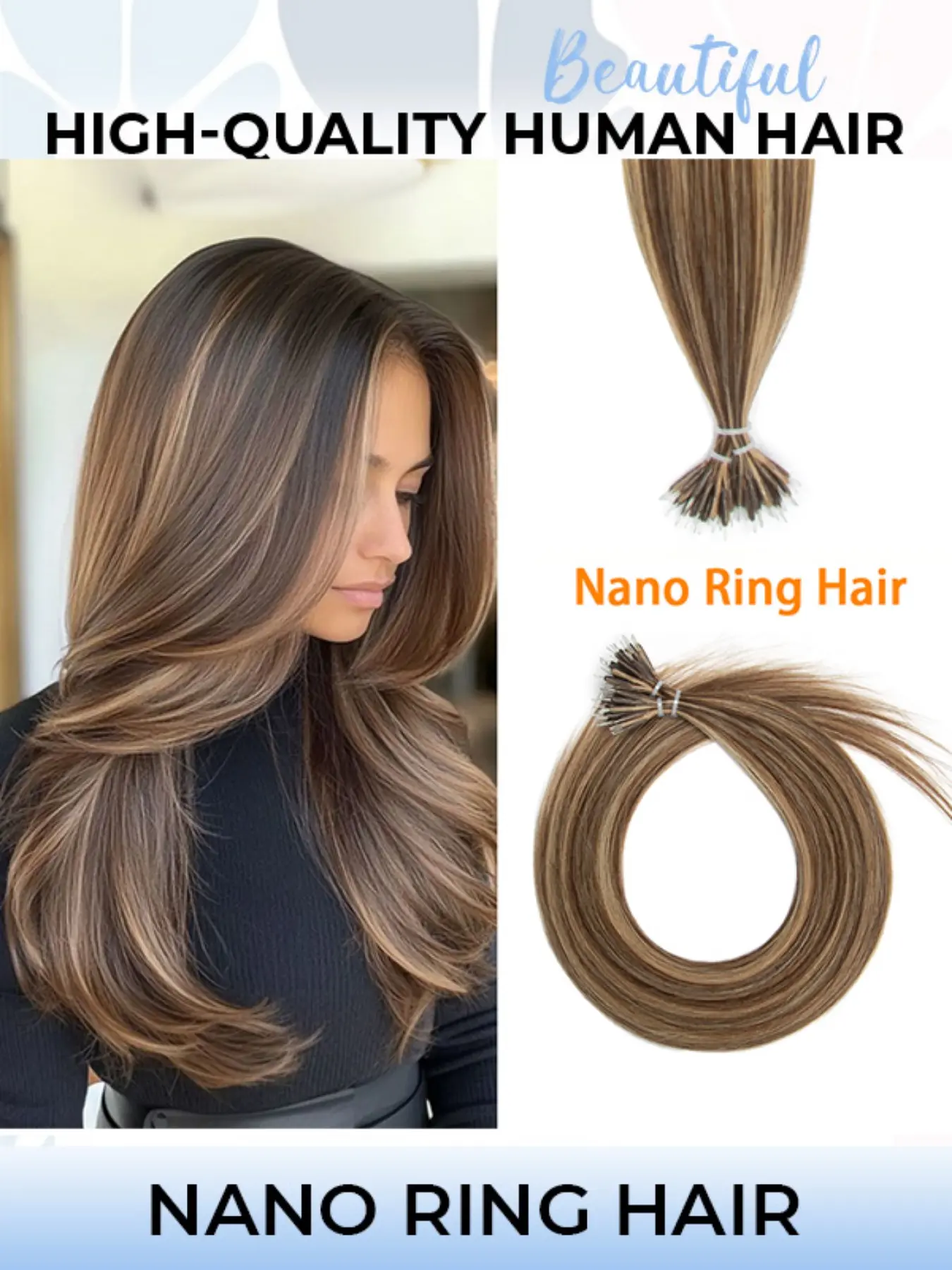 50 Pieces Nano Ring Bead Bulk Human Hair Extensions, Real Keratin, Nano Rings, 12-20Inch Women's Hair Volume and Length, Exclusive Style