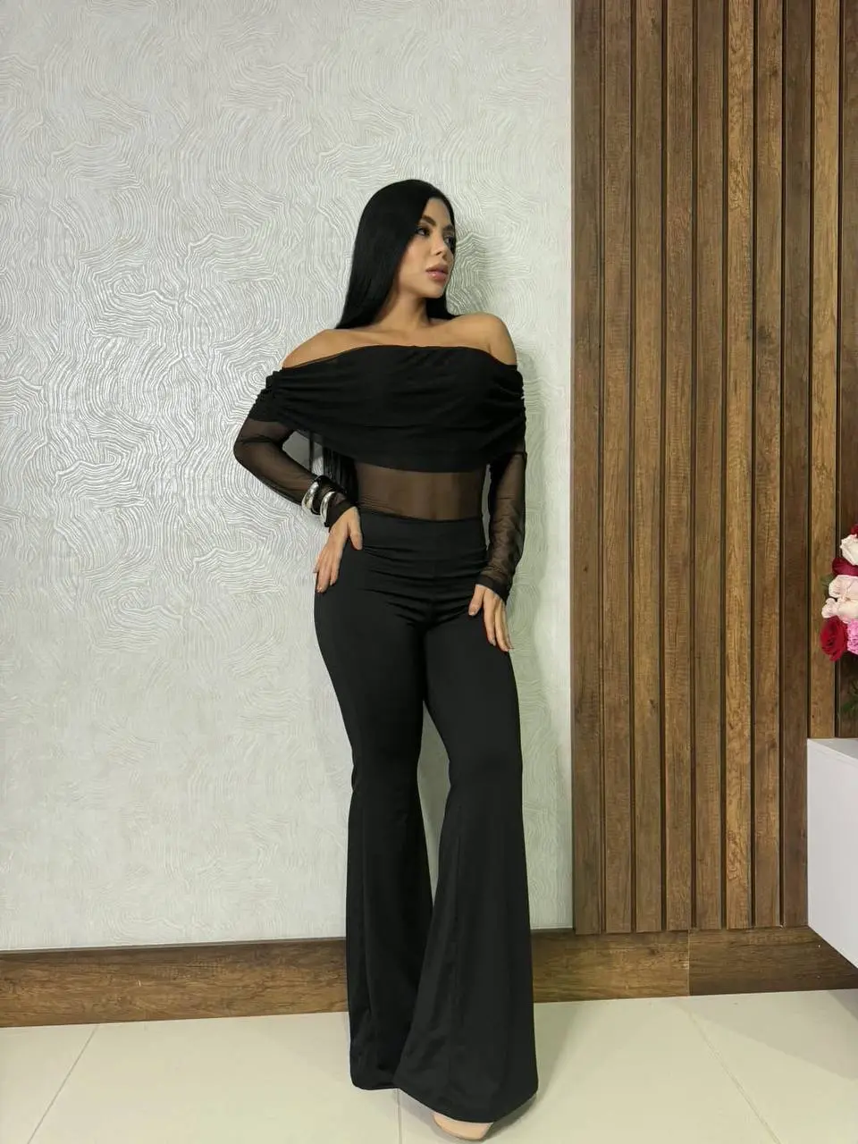 Visionaria Women's Elegant Off-Shoulder Long-Sleeve Wide-Leg Mesh Jumpsuit Dress, Evening Outfit