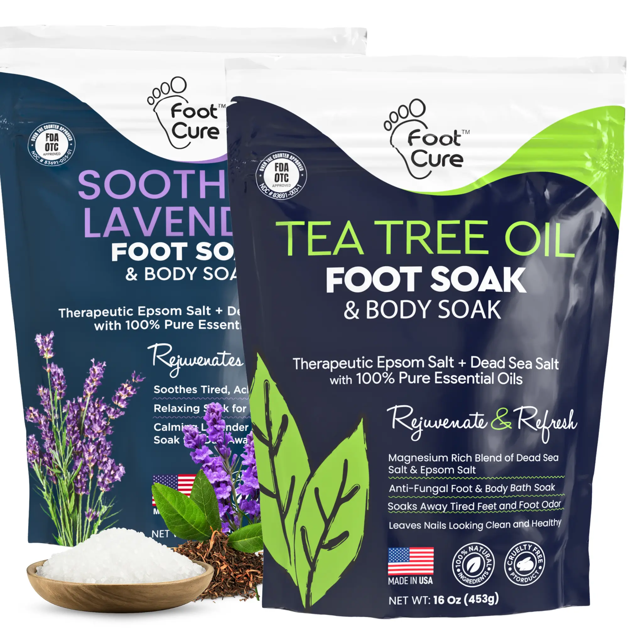 Foot Cure Tea Tree and Lavender Foot Soak with Epsom Salt – Soothes Tired Feet and Softens Calluses – 16 oz Pack of 2 Foot Care Product Foot Soaking Salts
