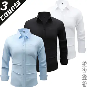 3-pack men’s solid-color long-sleeve dress shirts with chest pocket; minimalist professional commuter style; wrinkle-resistant, no ironing needed, smooth fabric that is skin-friendly and breathable; classic stand collar with refined stitching and seamwork