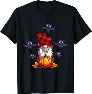 Gnome Halloween Buffalo Plaid Pumpkin Candy Corn Bats Fall T-Shirt - 88B09B47ZBYQ