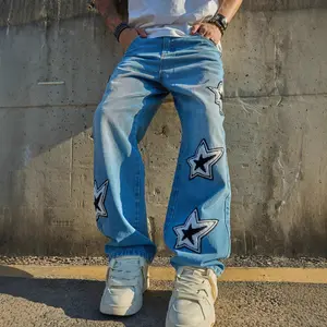 Fashion Casual Embroidered Blue  Jeans, Stretch Hem Flare Durable Denim Pants with Pockets, Original Fit Versatile Daily Streetwear Trousers