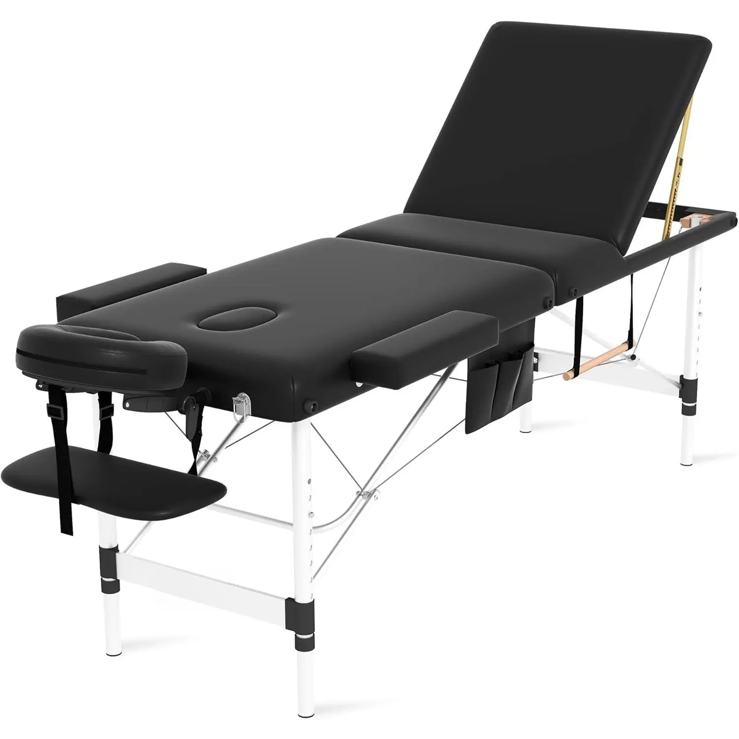 Massage Table, 3 Fold Portable Professional Lash Tattoo Spa Bed, Height Adjustable 23.5" Wide Compact Facial Table with Detachable Oil Pocket Towel Rod Face Cradle Armrest, Aluminum Feet & Black