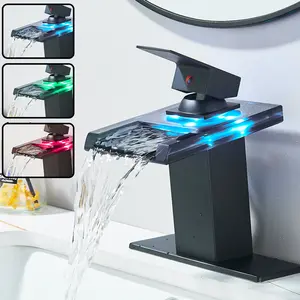 LED Bathroom Faucet Matte Black Modern Waterfall Bathroom Sink Vanity Faucet with Single Handle Suitable for 1 or 3 Holes,Supply Deck Plate and Hose