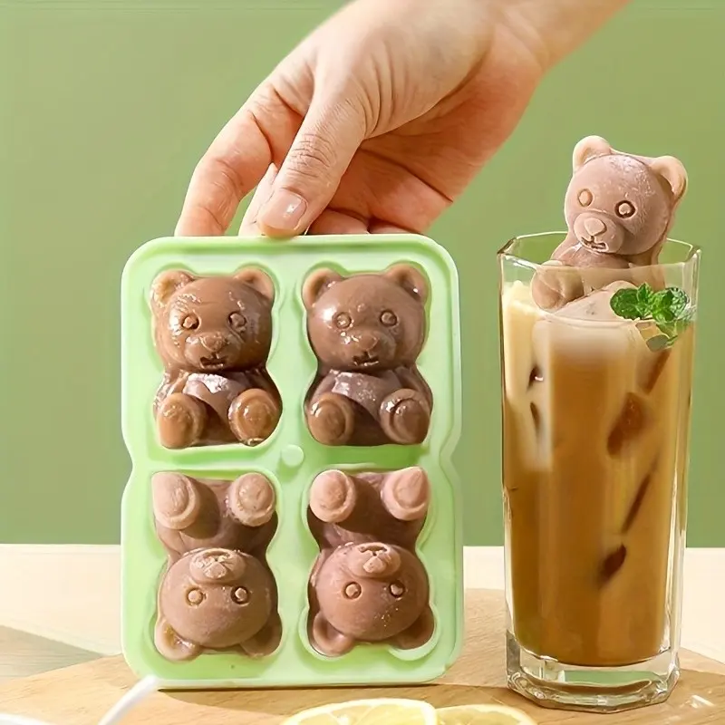 Teddy Bear Ice Cube Mold, Ice Molds, 4-Cavity Silicone Tray, Non-Stick Design, Perfect for Cocktails & Beverages, Durable & Reusable, Home Bar Accessories