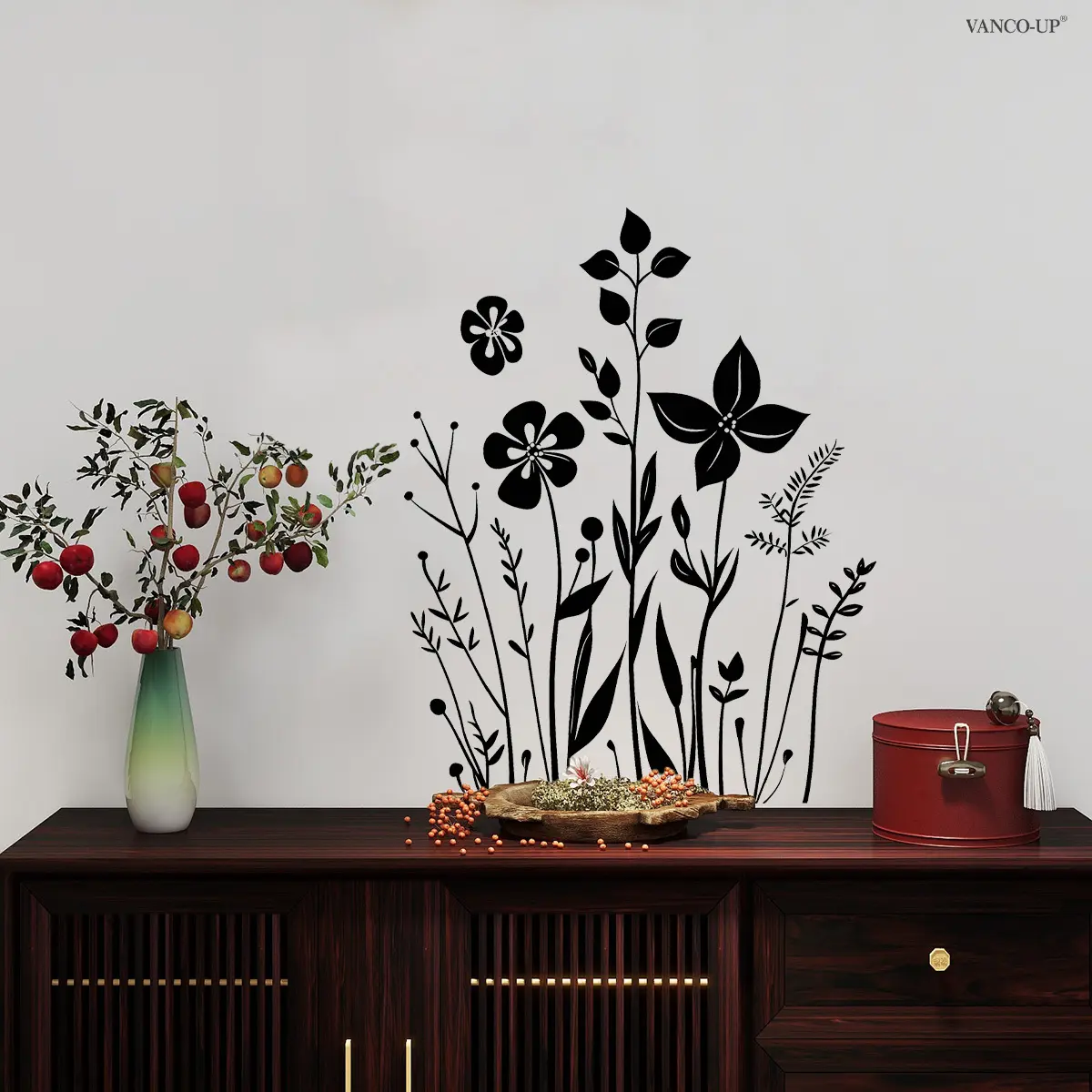 2D flat, one (30*40cm) floral cluster black silhouette Decorative wall sticker, living room, entrance, bathroom home decoration and beautification sticker, self-adhesive M20998-YC