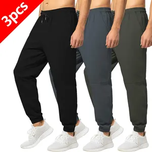 3Pcs Men's solid color fashion casual pants, versatile drawstring waist sports trousers with ankle-tightening design, suitable for jogging, daily wear, sports and outdoor hiking
