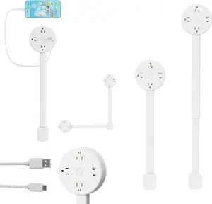 Extendable Rotating Outlet Extender – 2 AC Outlets + USB-A/C, 180° Swivel, Telescopic 17-27" for Couches, Desks & Nightstands, Round