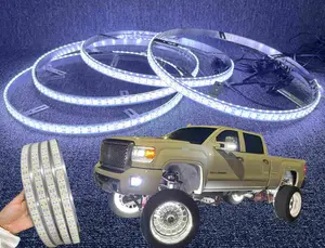 4PCS 17.5" Double Row White LED Wheel Lights - Solid Color Cold White, IP68 Waterproof, Strobe/Flash/Breath Modes | for Car, Truck, SUV, Pickup | Bluetooth Control