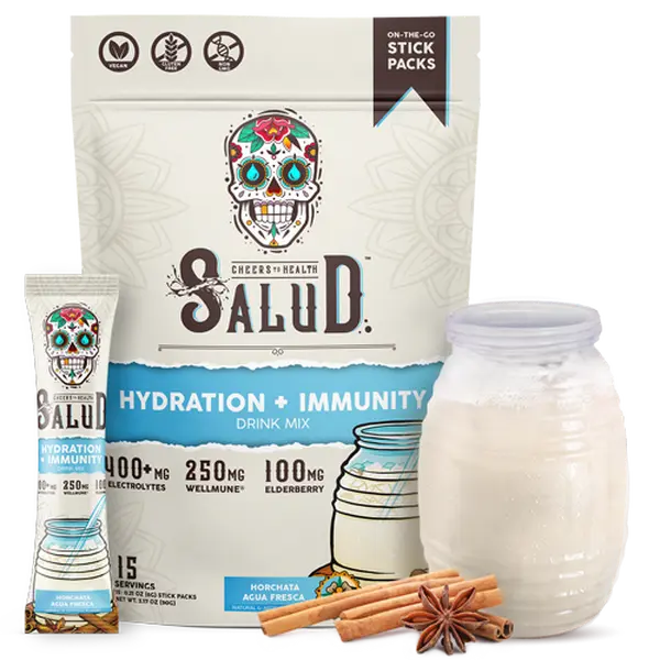 Salud 2-in-1 Hydration & Immunity Packets – Horchata Flavor – with Electrolytes, Immune Support, Elderberry & Dairy & Soy Free - 400mg, 250mg, 100mg, 15 Servings - Healthcare, Vitamin