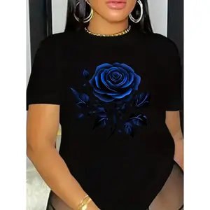 Blue Rose Floral Print Women's Casual T-Shirt - All-Season Comfort, Machine Washable Round Neck Tee with Medium Stretch, Regular Fit for Casual Attire, Ladies T Shirts Cotton Top