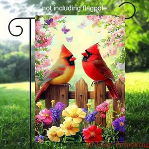 Double-Sided Polyester Garden Flag- Vivid Cardinal and Blooming Flowers Design, Outdoor Decoration, Flagpole Not Included, 12x18inch, Birds and Flowers Theme