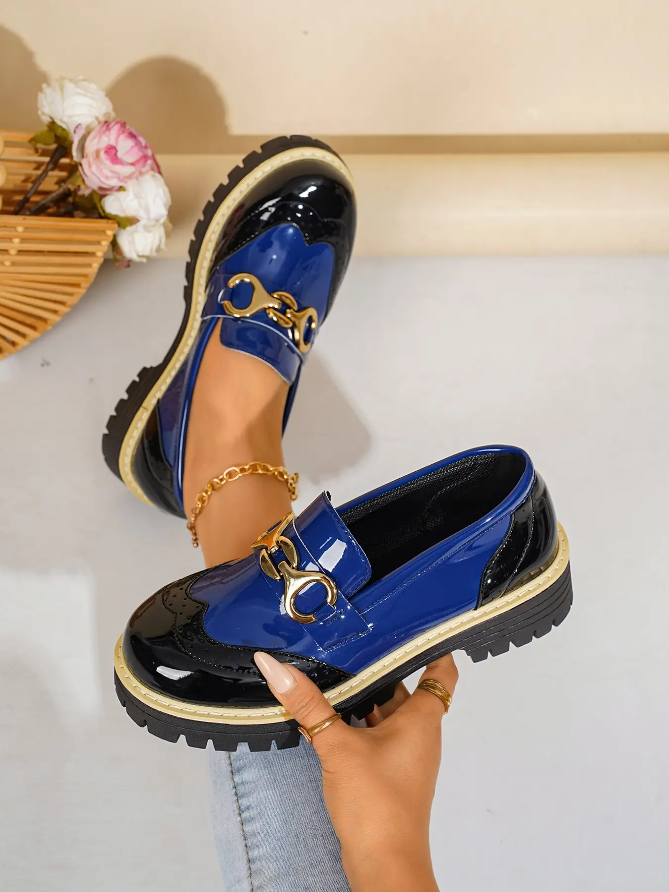 2026 Spring Fall New British Style Loafers Flats, Casual Flat Footwear, Blue Patchwork Floral Metal Buckle Thick Sole Platform Shoes, Casual PU Leather Rubber Sole