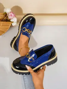 2026 Spring Fall New British Style Loafers Flats, Blue Patchwork Floral Metal Buckle Thick Sole Platform Shoes, Casual PU Leather Rubber Sole