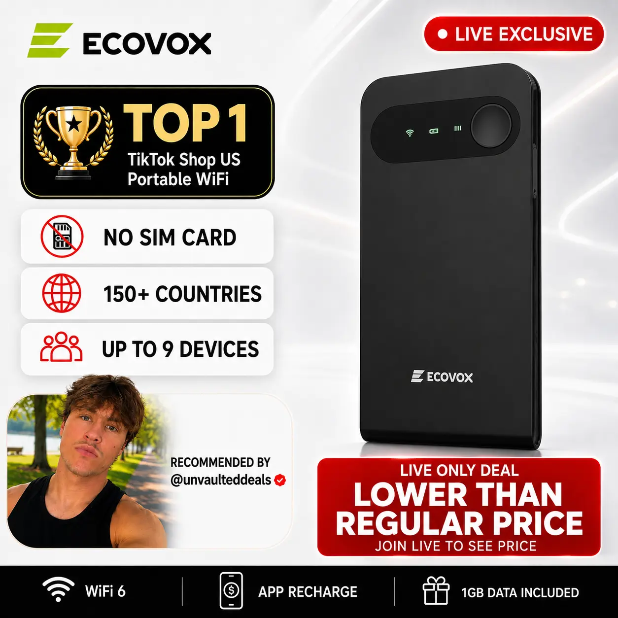 ECOVOX Live Exclusive Portable WiFi Hotspot | No SIM Card Needed | No Contract Pay As You Go 4G LTE WiFi 6 | 150+ Countries, Connect Up to 9 Devices | 13-Hour Battery + 1GB Starter Data | Pocket Travel WiFi | Back to School