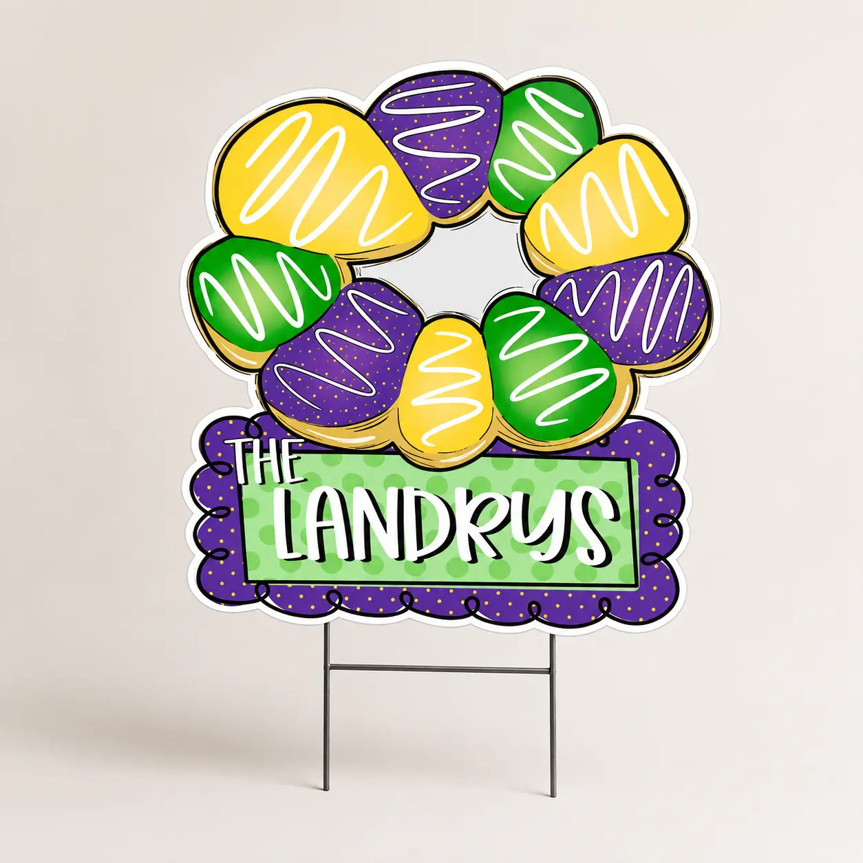 Custom Mardi Gras King Cake Lawn Sign, Personalized Carnival Lawn Stake, Weatherproof Outdoor Home Decor Plaque
