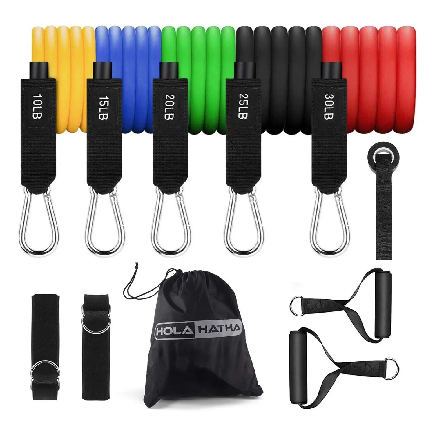 HolaHatha Resistance Band 110lb Maximum Workout Set with 5 Bands and 2 Handles HolaHatha Resistance Band 110lb Maximum Workout Set with 5 Bands and 2 Handles