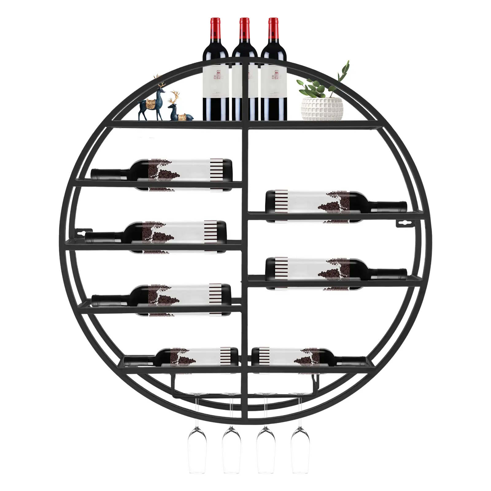 Black Iron Circular Wall-Mounted Wine Rack - Floating Round Shelf with Multi-Bottle Storage, Wine Glass/Goblet Holder for Home Bar, Kitchen Decor