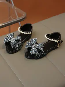 Girls' Rhinestone Bow Pearl Decor Anti-Slip Buckle Flat Dress Shoes, Fairy Style Party/holiday Sparkly Sandals, Bow Decorated Sandals, 1 Pair
