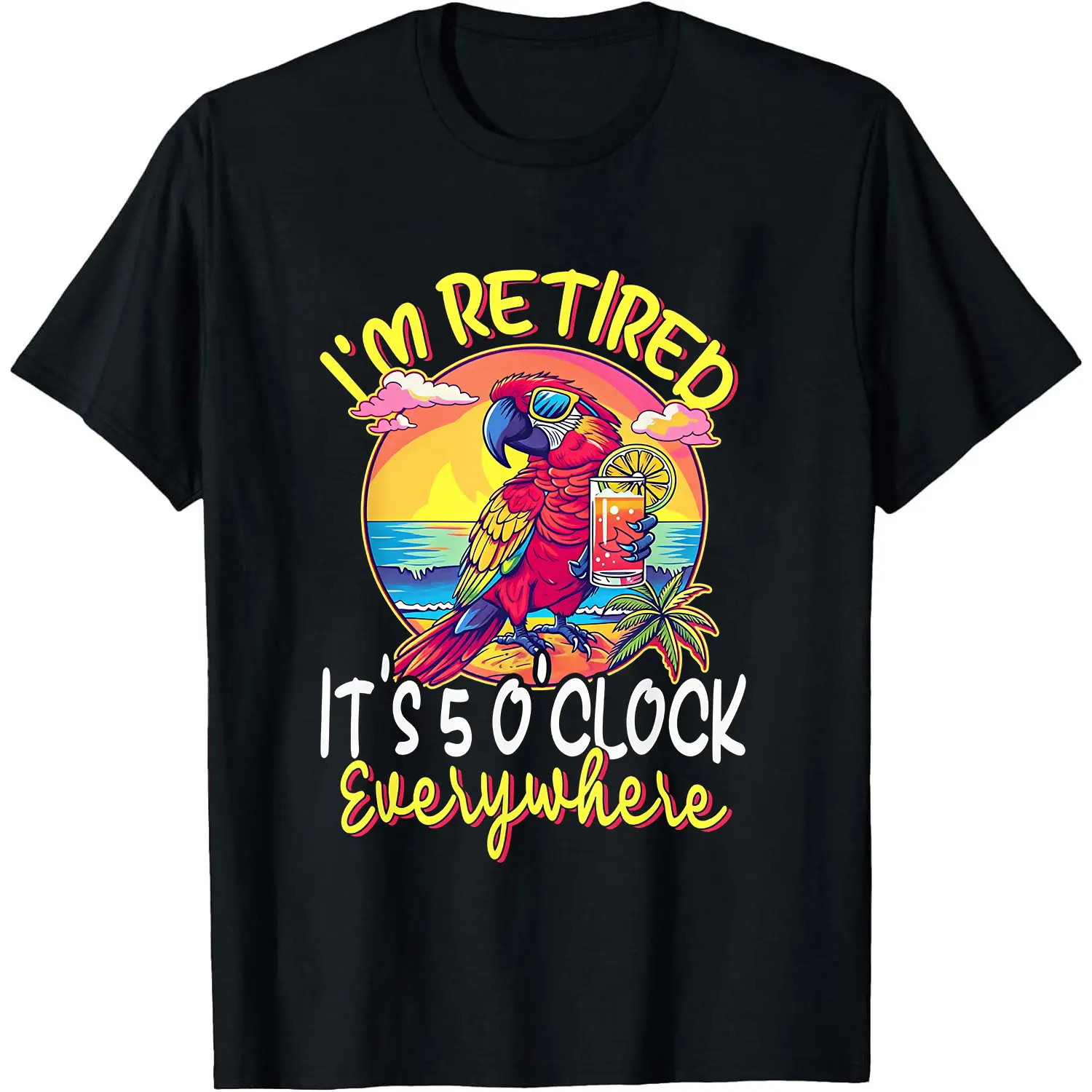 Men's Classic 100% Cotton Short-Sleeve Round/Crewneck Loose Fit Retro Retirement T-Shirt - Tropical Parrot & Palm Tree Prints, "5 O'Clock Everywhere" Graphic, Perfect for Parties & Gifting