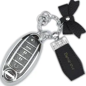 New Upgrade Key Fob Cover with Diamond Keychain Car Key Shell Compatible with Nissan Altima Rogue Sentra Pathfinder Frontier Maxima Titan Murano Kicks Juke Versa (5 Buttons-Black Bowknot)