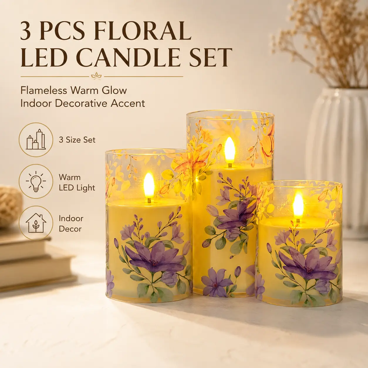 3-Piece Floral Flameless LED Candle Set, Warm Yellow Glow Decorative Pillar Candles, 6/5/4 Inch Purple Flower Candles for Living Room, Bedroom, Dining Table & Indoor Home Decor