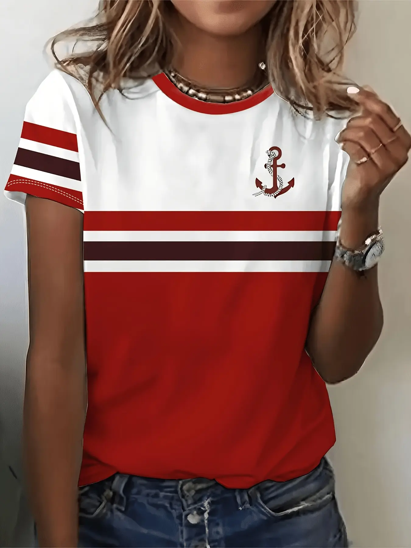 Women's navy blue striped T-shirt top with anchor print - Casual basic top short-sleeved round-neck T-shirt, suitable for all seasons, featuring a simple nautical design, ideal for everyday wear Summer