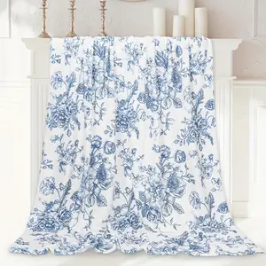 Soft & Cozy Blue Floral Fleece Throw Blanket - Tear-Resistant, 280gsm, Elegant Blue & White Floral Design for Couch, Sofa, Bed, Office, and Travel