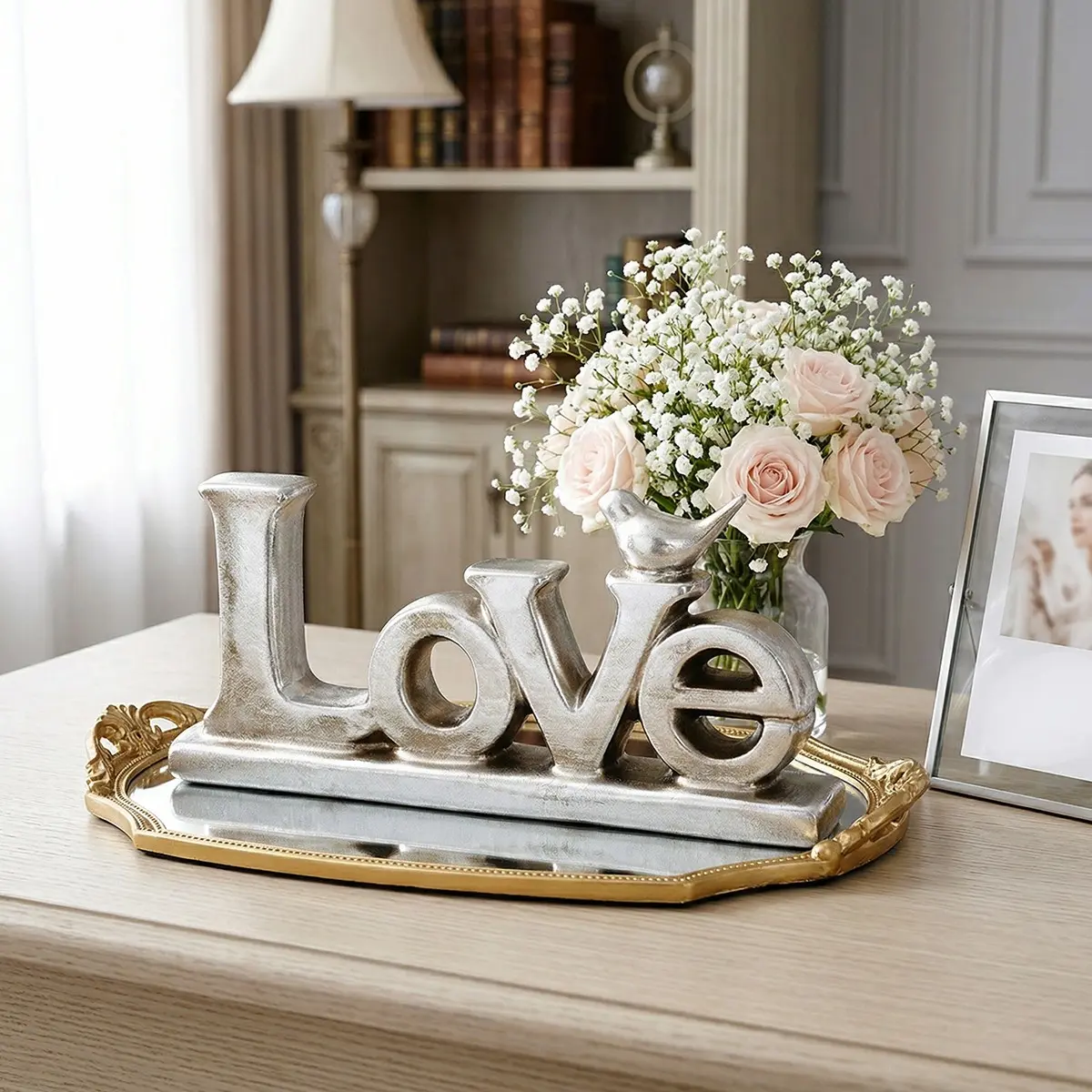 European Vintage Style Love Letter Home Decor Ornament, Resin with Silver Color Foil, Perfect for Festivals, Parties, Gifts, Photography Props, Novelty Desk Decor, Home Ornaments, Home Decor Products, Home Decoration