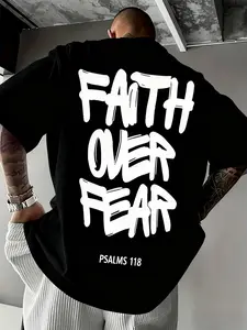 Men's Faith Over Fear Graphic Oversized T Shirt, Christian Religious Psalm 118 Slogan Print Streetwear, Inspirational Casual Short Sleeve Top for Daily Wear, Street Style #springsaledeals2026 #summeroutfits #tiktokshopmademebuyit #menfashion