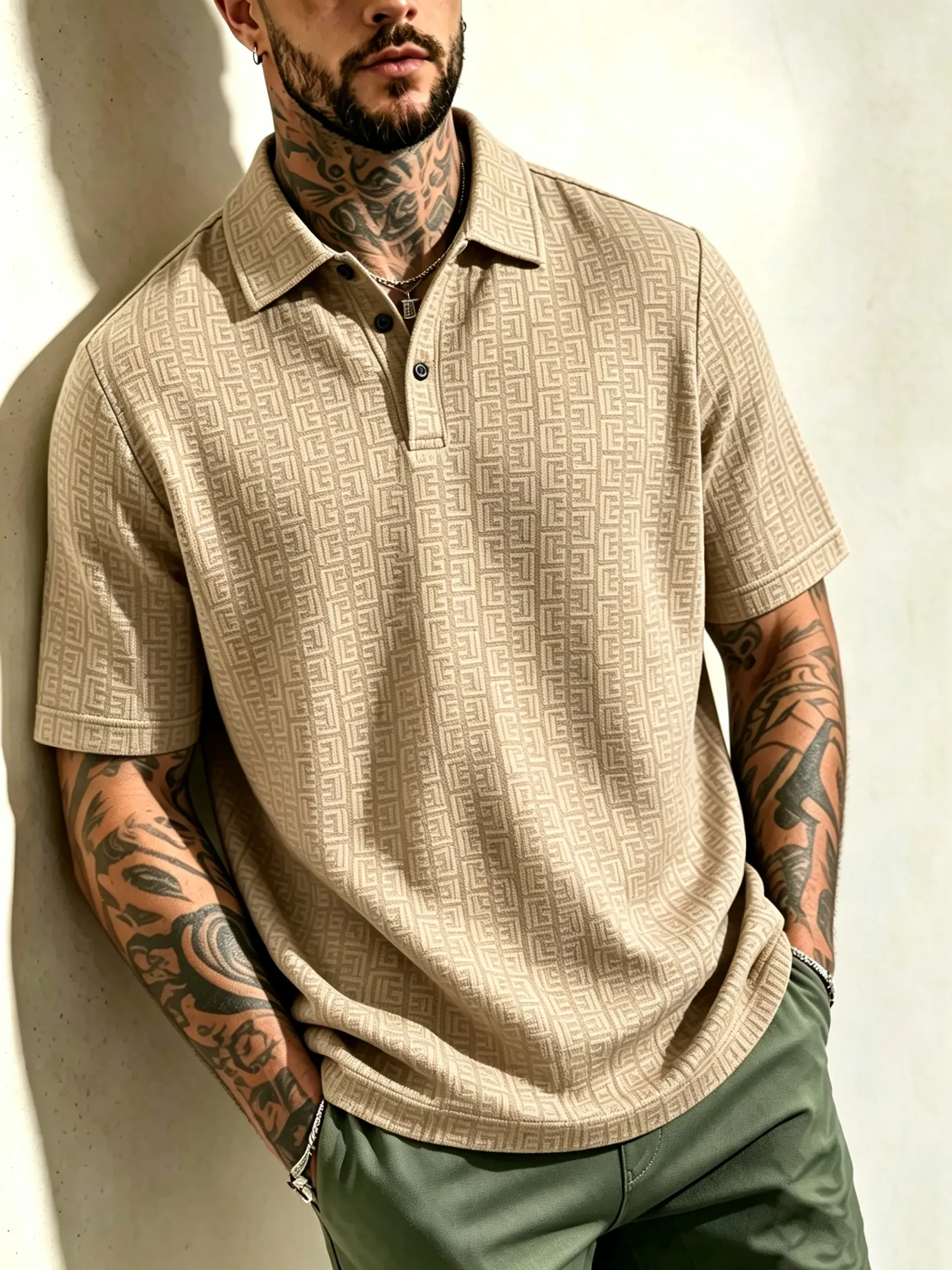 male clothing Men's Knitted Polo Shirt, Contrast Bordered Collar Short Sleeve Knitted Top, Made of Fast+Dry Breathable Fabric, Suitable for Golf Vacation, Outdoor Fishing, Holiday Travel and Leisure Wear