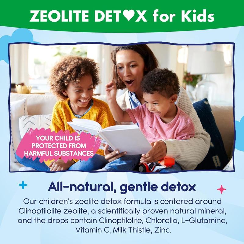 Zeolite Detox for Kids Zeolite Liquid Drops with L-Glutamine, Vitamin C, Zinc, Milk Thistle and Chlorella Extract for Detox & Cleanse, Immune, Energy, Cellular Health, Strawberry Flavor 2 Fl Oz