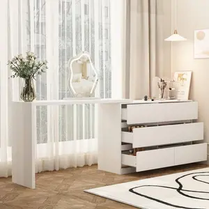 2 In 1 Vanity Desk, 51" Vanity Table With L-Shaped Desk & Double Dresser, Versatile Makeup Vanity Dressing Table Computer Desk With 6 Drawers For Bedroom