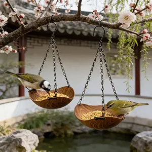 2 wooden grain hanging bird feeding pots, retro wood grain texture, stable hanging design, window sill, living room and other scenes, can be used indoors and outdoors, perfect for Japanese, American country and other home decoration styles.