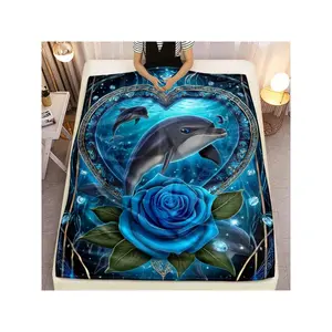 1pc Dolphin & Blue Rose Marine-Themed Flannel Blanket, HD Print Turquoise Dolphin & Navy Blue Fleece Bedspread With Accent Border, Lightweight All-Season Throw For Bed Sofa Travel, Soft Warm Gift For Pets-30*40in