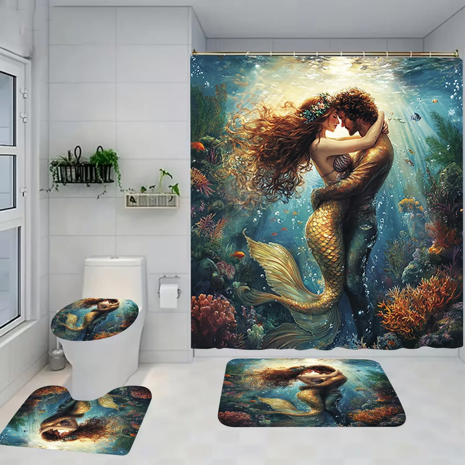 Mermaid Pattern Shower Curtain Set with Rug, Non-Slip Bath Mat, U-Shaped Toilet Lid Cover Pad, Bathroom Decor with Hooks