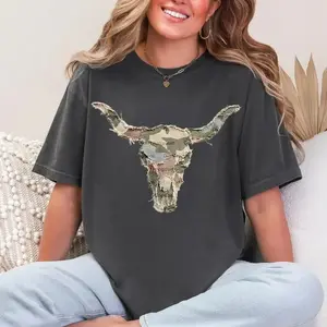 Comfort Color Camo Longhorn Skull Patchwork T-Shirt Tee, Western Cow Skull, Quilted Farm Animal Head Tee, Gingham Floral Rustic Cow Lover Shirt, Printed Shirt