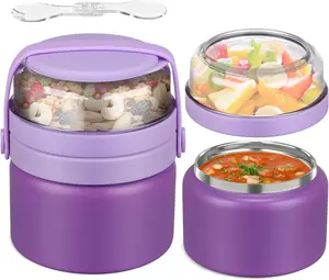2 in 1 Double Insulated  Jar 8oz Soup Thermo with Snack Container  Thermo for Hot  Lunch Containers Wide Mouth Vacuum Stainless Steel Leak Proof for School Travel(Purple)