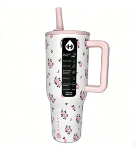 HydroJug 40oz Traveler Tumbler Cute Pink Rose Floral Print Insulated Stainless Steel Water Bottle with Handle Straw Leak-Proof BPA-Free Drinkware Flasks