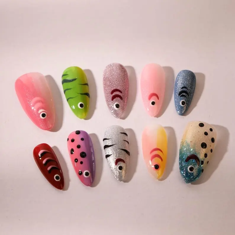 Fish Press On Nails Fishing Lure Nail Art Y2K Novelty Colorful Nails