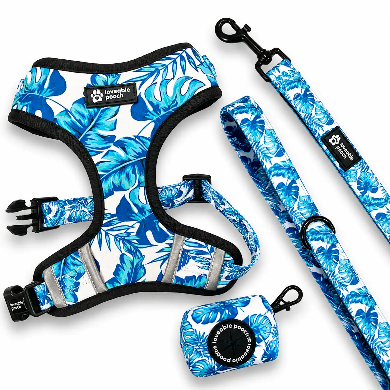 Beach Vibes Dog Harness Set with Matching Leash & Waste Bag Holder for Small & Medium Dogs