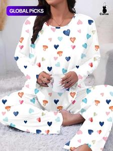 two-piece set plus size heart print pyjama lounge set, casual long sleeve tee & pants, women's plus sleepwear & homewear for spring & fall, fall wear, fallfreshness