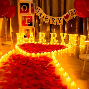 Marry Me Light Up Letters Proposal Decorations with 24 Flameless Candles 2000 Red Rose Petals & 30 Red Balloons for Valentine's Day Wedding Romantic Night Led Lantern